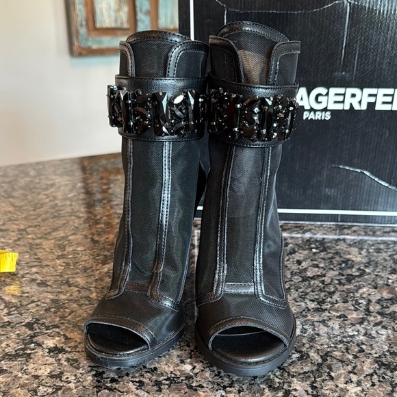 Karl Lagerfeld Black mesh Heeled Boots with Peep-Toe Design NWT 5.5 - Picture 14 of 16